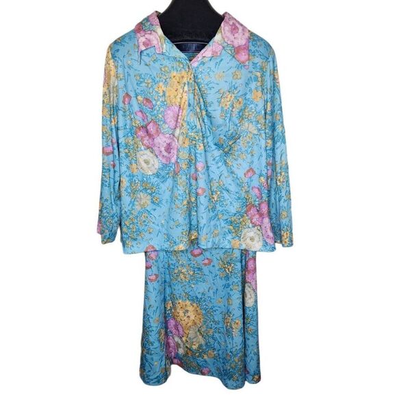 Vintage 70s Lane Bryant 2 Pce Skirt Blouse Shirt Set Womens 2XL Blue Floral Poly